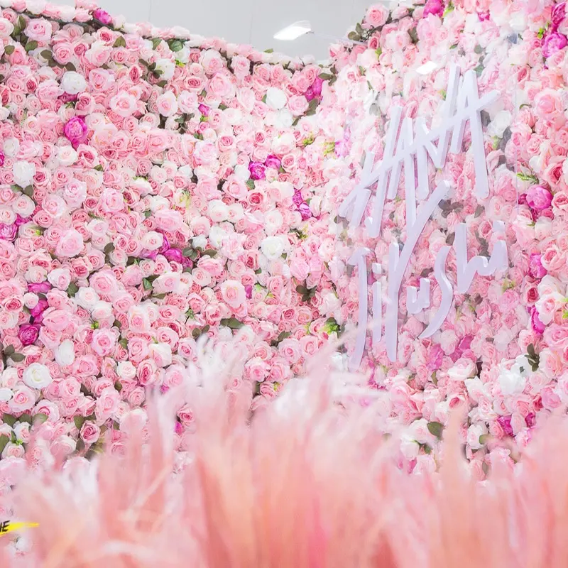 O-W001 Customized Wedding Decor 3D Roll Up Cloth Flower Walls Pink Rose Wedding Artificial Silk Flower Wall Panel Backdrop