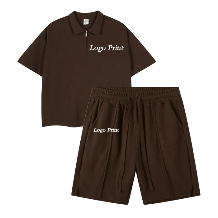 mens 2 piece summer sets men's cotton waffle polo shirt and shorts set custom logo men tracksuit 2 pieces t-shirt short set