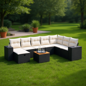 Conjunto de Sofás de Jardín en Negro y Crema, Muebles de Ratán para Exteriores con Cojines de Espuma de Alta Densidad, Diseño Contemporáneo Impermeable - Product Image 2