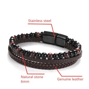 Men's <b>Leather</b> <b>Bracelet</b> 6mm Natural Stone Stainless Steel Buckle Genuine <b>Leather</b> Wrap <b>Bracelet</b> Everyday Wear - Product Image 1