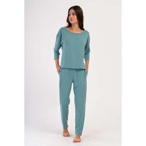 Ensemble de pyjama plissé à col rond et épaules tombantes 3/4 manches avec poches pour femme - Pétrole - Product Image 1
