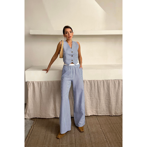 Blue WAFFLE-STRIPED Casual 2-Piece Lady's Vest <b>Trouser</b> <b>Set</b> XS Size Loose Fit Knee Length Summer Short <b>Tops</b> Shorts Pants Woven - Product Image 2