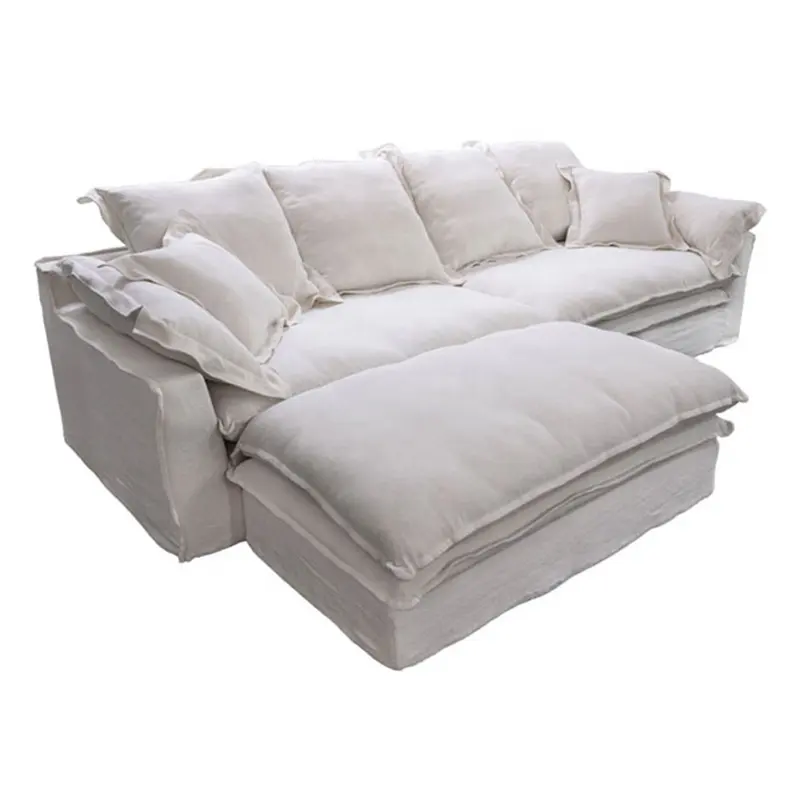 Cojines de plumas de diseño americano, sofás seccionales grandes y profundos, sofá seccional en forma de L, color blanco
