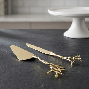 Juego de cuchillo y espátula para pastel de acero inoxidable dorado con mango en forma de rama, 2 piezas, elegante cubertería para postres para bodas y fiestas - Product Image 2