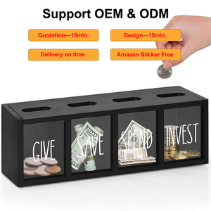 Boîte à monnaie murale en bois avec fenêtre transparente en acrylique, multi-compartiments, <span class=keywords><strong>pour</strong></span> buanderie, porte-monnaie et pièces de monnaie - Product Image 1