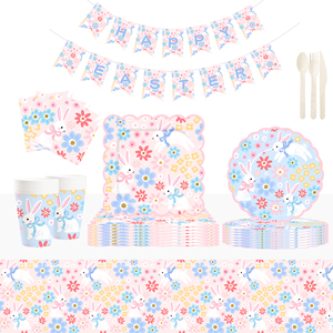 DAMAI Nuevo Juego de Vajilla Desechable con Diseño Personalizado Temático de Pascua, Platos de Papel para Postre y Cena, Vasos y Servilletas con Conejo y Flores - Product Image 1