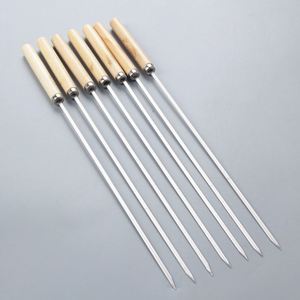 Palillos de barbacoa de madera con mango de acero inoxidable para exteriores, con tenedores redondos y planos y herramientas de barbacoa con aguja - Product Image 3