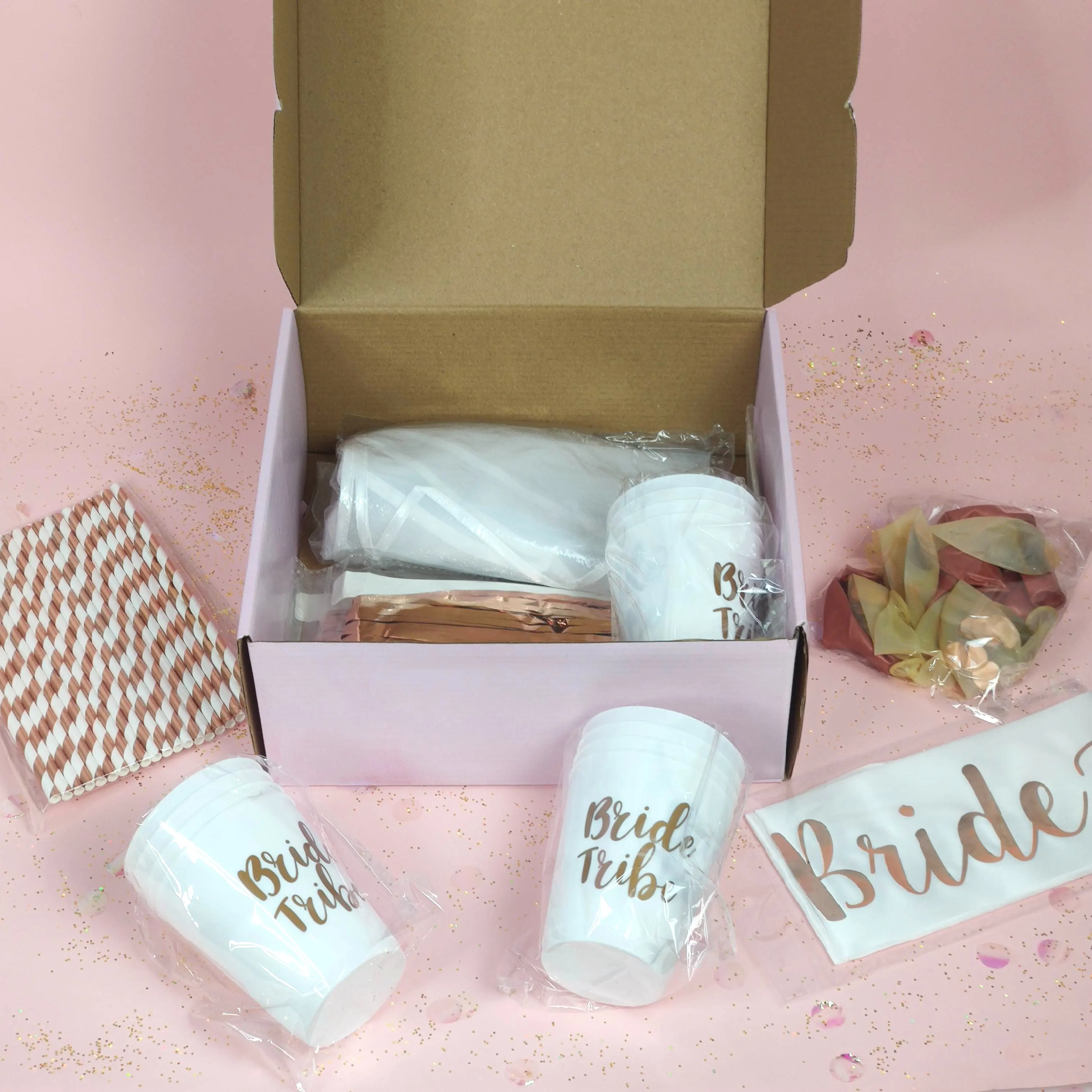 Rose Gold Màu Hồng Hen Nguồn Cung Cấp Bên Trang Trí Kit Bóng Bay Backdrop Cup Ống Hút Hình Xăm Sash Và Mạng Che Mặt Bachelorette Đảng Thiết Lập