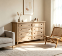 Commode de chambre traditionnelle en bois massif à 6 tiroirs, couleur bois naturel, en chêne blanc d'Amérique du Nord