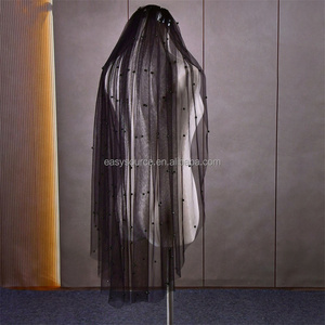 Velo de Novia YM24 de 1 Nivel, <span class=keywords><strong>Mantilla</strong></span> Negra <span class=keywords><strong>con</strong></span> Perlas y Encaje, Tul Transparente, Borde de Cuentas Hecho a Mano, Accesorios para el Cabello - Product Image 3