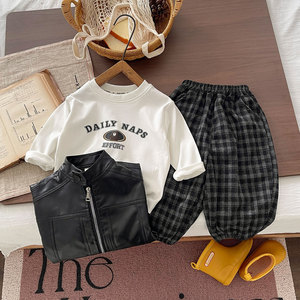Ensemble de vêtements pour garçon automne 2026, 3 pièces, veste noire + <span class=keywords><strong>sweat</strong></span>-shirt imprimé + pantalon à carreaux, ensemble de vêtements tendance - Product Image 3