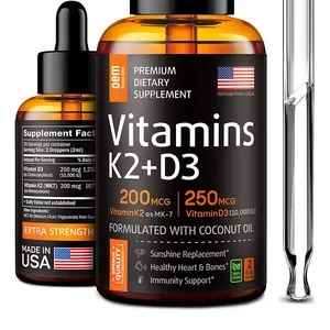 Oem Aangepaste K2 D3 Veganistisch Hart Bone Gezondheid Premium Immuunsysteem Ondersteuning Vitamine K2 D3 Supplement Druppels