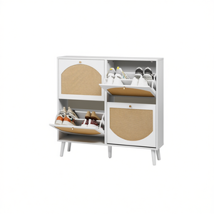 Meuble à chaussures 2 rangées 4 seaux sur pieds hauts en rotin, cadre blanc, style scandinave moderne, meuble de rangement pour entrée - Product Image 1