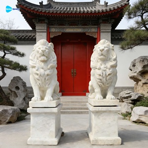 屋外入口用 手作りのヨーロッパデザイン 白大理石 大型座獅子像 庭園や寺院用 - Product Image 2
