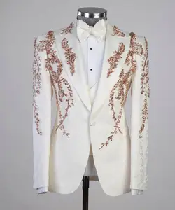 Roupa de noiva de luxo para homens, smoking de casamento com strass branco brilhante feito sob medida com pedras de ouro rosa