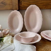 Service de vaisselle en céramique rose rétro français fabriqué en usine, motif en relief, couleur sous-glaçure douce et féerique, sans BPA
