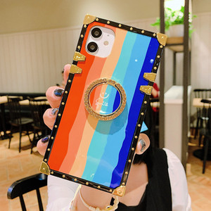 For <span class=keywords><strong>Iphone</strong></span> XR <span class=keywords><strong>11</strong></span> 12 Ladies Square Rainbow Casing Leather  Mobile Phone Case  With Finger Hold - Product Image 3