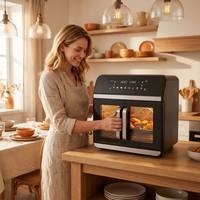 Horno Freidora de Aire de 15L con Vista Transparente, 1800W, Doble Puerta, Iluminación y 3 Niveles de Rejilla 80-200 ° Horno Freidora de Aire Eléctrico C