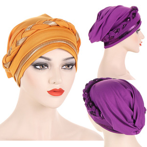Q30334, turbante africano bohemio con trenza dorada <span class=keywords><strong>de</strong></span> estilo étnico para mujer, cubierta <span class=keywords><strong>de</strong></span> retazos para la cabeza del cabello, gorro envolvente para quimio, sombrero musulmán - Product Image 3