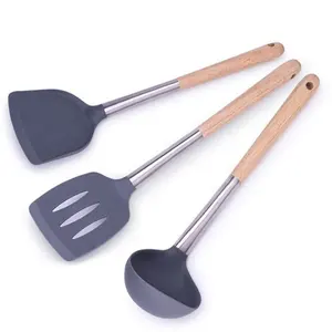 Silicone Kitchen Tools Wooden Handle Frying Shovel Slotted Turner Soup Spoon Scoop Spatula Cooking Utensils