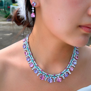 Set Perhiasan Oval Pink dan Ungu yang Anggun dengan Zirkonia Kubik Bentuk Oval dan Enamel Hijau untuk Wanita, Perhiasan Pesta Malam, Hadiah Perhiasan - Product Image 4