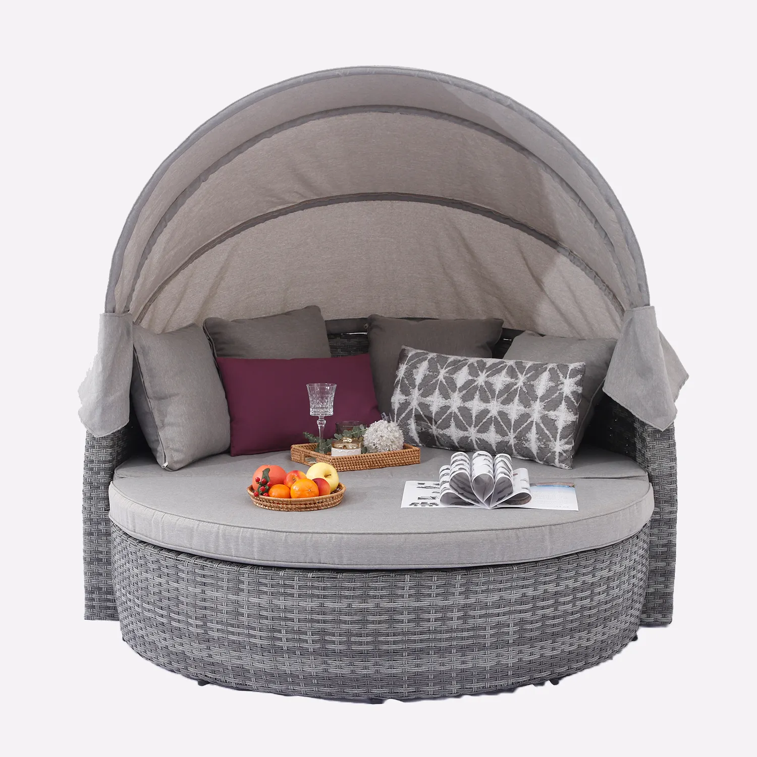 Outdoor Pátio Mobília Jardim Redonda Sunbed Wicker Rattan Dia Cama com Canopy