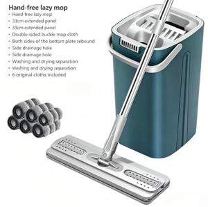 Hands-Free Lazy <b>Mop</b> With Bucket Set 33cm Extendable Microfiber Flat <b>Mop</b> Stainless Steel Rod Self-Wringer For Home Cleaning - Product Image 2