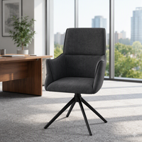 Fauteuil moderne à dossier haut en tissu gris foncé avec base pivotante à 4 pieds en métal noir pour salon, cuisine, salle à manger