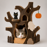Arbre à chat en carton ondulé en forme d'arbre hanté, maison pour chat d'intérieur avec plateformes et jouet