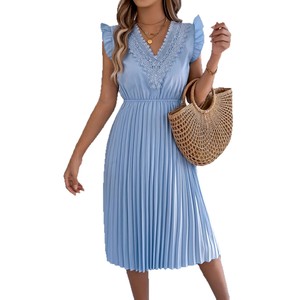 Vestido Casual Europeo Americano de Primavera Verano 2026 con Encaje, Cuello en V, Volantes, Cintura Alta, Plisado, Antiestático, de Poliéster y Spandex, Color Sólido - Product Image 5