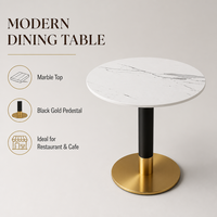 Table à manger ronde contemporaine en marbre avec base noire et dorée pour restaurant, hôtel, café, bistrot, appartement, cuisine