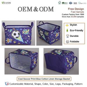 Panier de rangement rectangulaire pliable en coton et lin imprimé football avec poignées pour <span class=keywords><strong>chambre</strong></span> de garçons, organisateur de jouets et de vêtements, vente en gros, personnalisable - Product Image 2