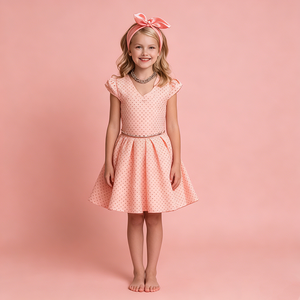 Tenues assorties pour la famille rétro à pois orange corail, 4 pièces : costume pour papa, robe swing pour maman, gilet pour garçon, short pour fille, robe pour fille - Product Image 5