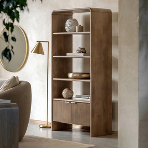Camden Rounded Frame <b>Bookshelf</b> Tall <b>Open</b> Wood Shelving Unit with Fluted Cabinet Doors Metal Handles Modern Home Storage - Product Image 1