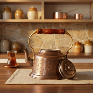 Vintage Metal Tea <b>Kettle</b> <b>With</b> <b>Wooden</b> <b>Handle</b> And Engraved Design For Traditional Tea Serving - Product Image 2
