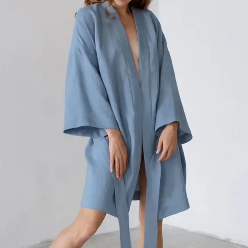 Französischer Stil ins einfarbige blaue bequeme Bademantel aus Baumwolle für Damen Lounge wear Spa Robe Damen Nachtwäsche