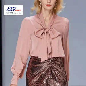 Modern Desgin Lady Pink Long Sleeve Office Stain Loose Silk Shirt Tops