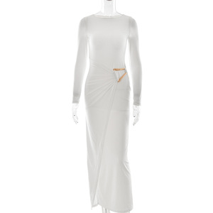 Robe sirène décontractée pour femme, style européen et américain, dos nu, ornée de métalliques, col rond, coupe ajustée, manches longues, pour banquets - Product Image 5