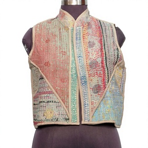 Indian Handmade Vintage <b>Kantha</b> Short Knitted Vest <b>Jacket</b> for Women Winter Outerwear 100% Cotton V-Neck Breathable Eco-Friendly - Product Image 1