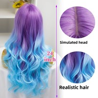 Wig Sintetis Warna Ungu Gradasi dan Biru untuk Wanita, Wig Cosplay Panjang Keriting, Stok Tersedia, Grosir Pabrik, Impor