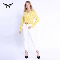 Tops en coton à rayures jaunes de style occidental pour femmes, chemisiers décontractés en popeline