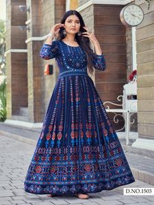 Vêtements indiens et pakistanais 14Kg Robe longue Anarkali imprimée en rayonne lourde pour mariage et fête Robe de mariée - Product Image 5