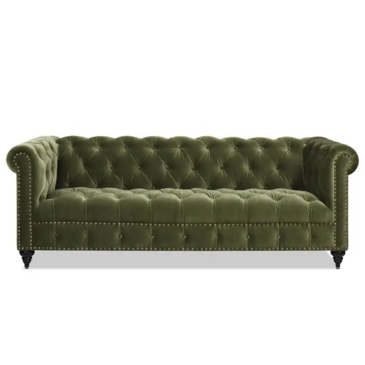 Muebles de sala de estar modernos de alta calidad, sofá de terciopelo de rendimiento verde oliva Chesterfield copetudo de 88"