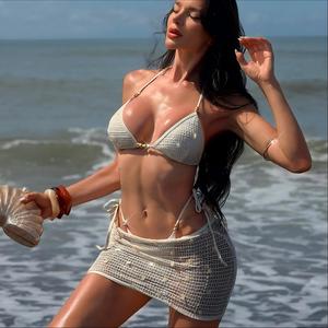 Conjunto de bikini de 3 piezas de ganchillo para mujer, traje de baño triangular con cuello halter, minifalda de malla de red, ropa de playa de verano al por mayor - Product Image 2