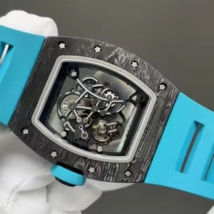 Blue and <b>Black</b> Color-blocked Skeletonized Tonneau-shaped <b>Watch</b> with Carbon Fiber case and Blue Strap - Men's Wristwatch - Product Image 2