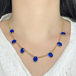 women gold plated jewelry sapphire blue oval cut gemstone fusion stone necklace