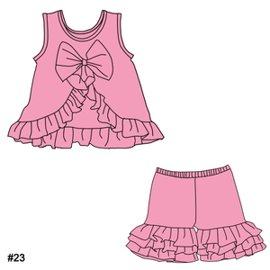 <span class=keywords><strong>Chaleco</strong></span> sin mangas y pantalones cortos con volantes Color sólido Algodón Niñas Casual Verano Trajes de 2 piezas con diseño de lazo Traje para niños - Product Image 4