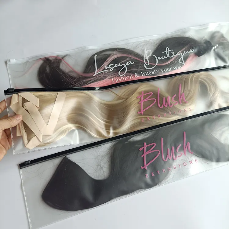 Saco ziplock de plástico para extensão de cabelo, logotipo personalizado luxuoso, sacos estampados de zíper de embalagem