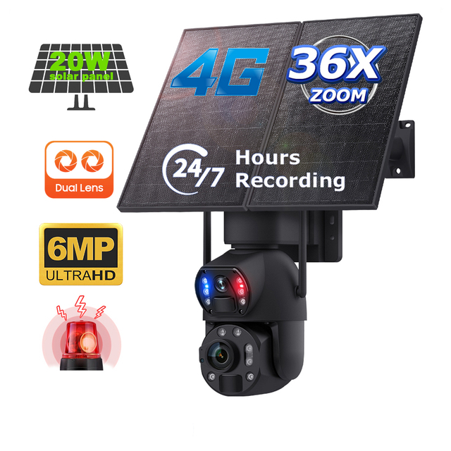 Metal Solar Power 4G Security Camera with 20W Solar Panel 36X Zoom 6MP HD Full Color Night Vision Wireless Outdoor Surveillance