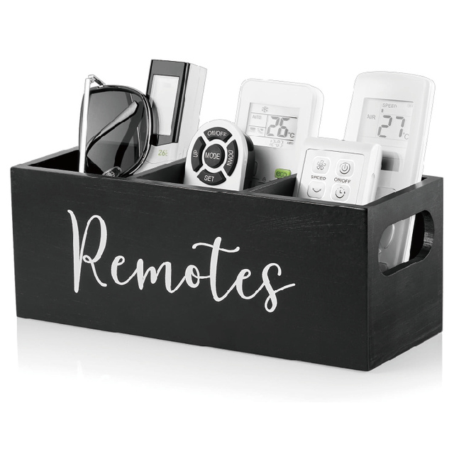 Modern Black Rectangle Home Decor Caddy Box Lacquer Finish Wooden Organizer with 3 Slots for Nightstand Table TV Remote Holder